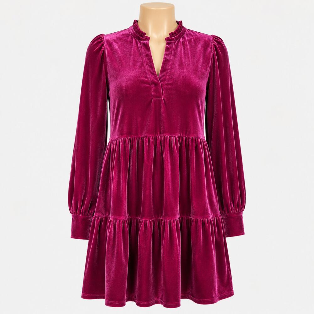 STATE Magenta Velvet Tiered Dress Women's XS Long Sleeve Mini Dress